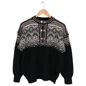 Vintage Meister 100% Wool Nordic Ski Sweater Black Fair Isle Clasp Front Medium